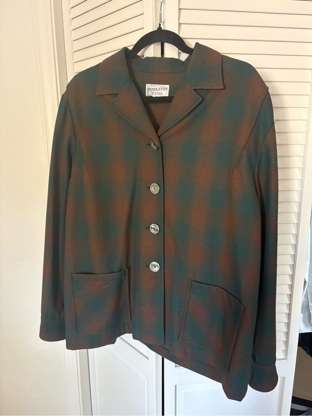 Pendleton Teal & Rust Plaid Button Jacket 100% Wool